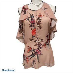 Belle&Sky Floral Keyhole Cold Shoulder Ruffle Top
